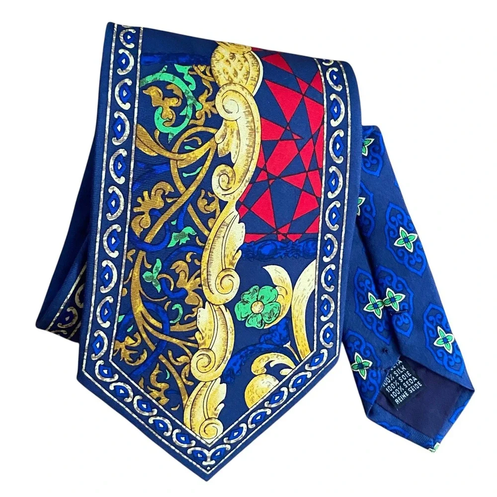 DeSantis Collection Mens Silk Tie Navy Blue Gold Baroque Geometric Made in Italy